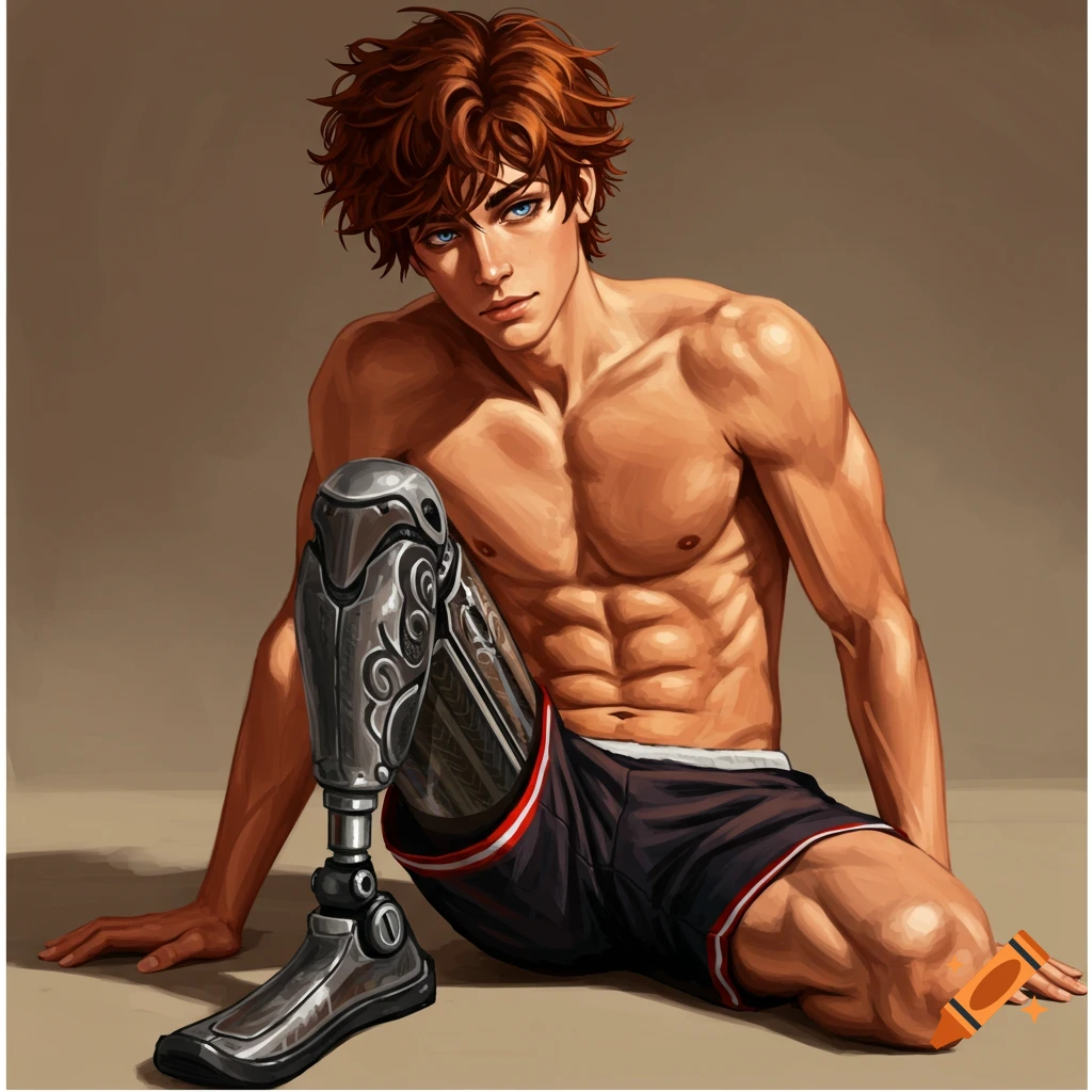 Illustration of a muscular man with a prosthetic leg sitting on the floor.