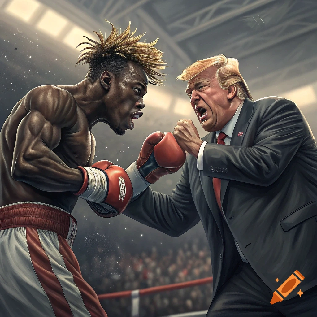 Realistic illustration of a muscular boxer fighting Donald Trump in a boxing ring.