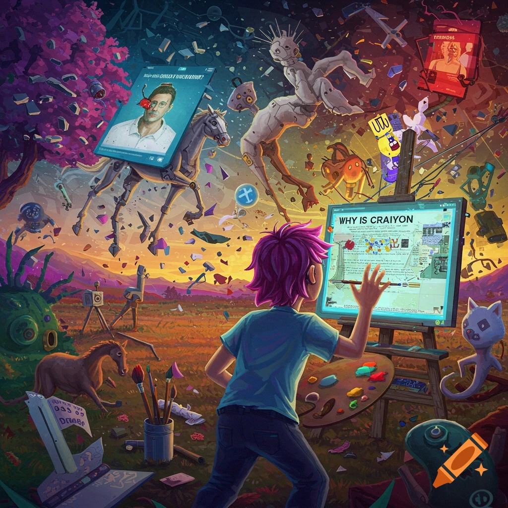A person paints on an easel displaying a screen that says 'WHY IS CRAIYON', surrounded by floating screens with faces and text, abstract creatures, and chaotic scattered objects.