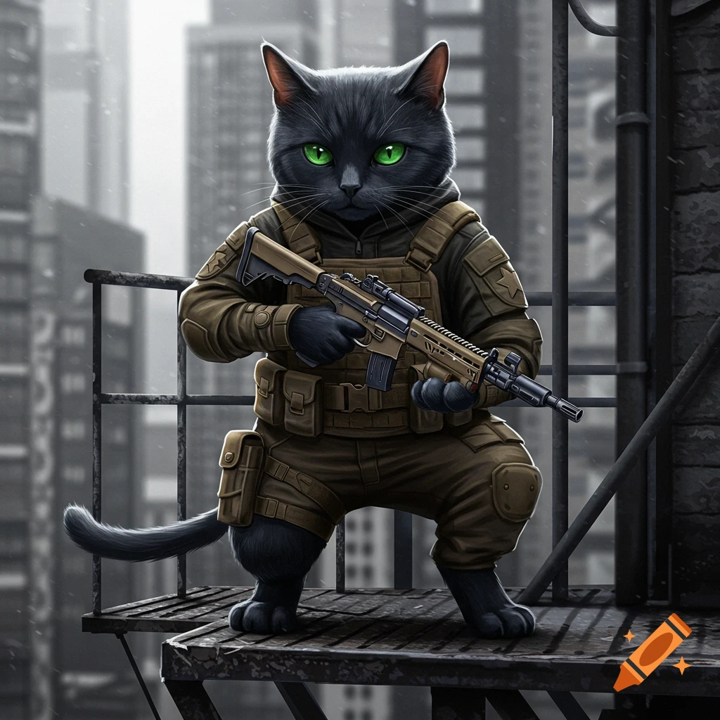 Black cat in tactical gear holding a rifle on a city rooftop.