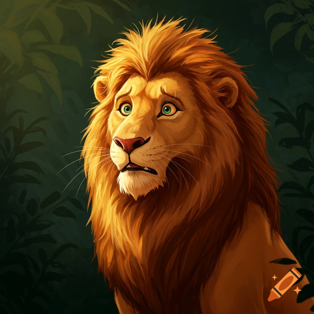 An illustration of a cartoonish lion looking scared against a dark green background.