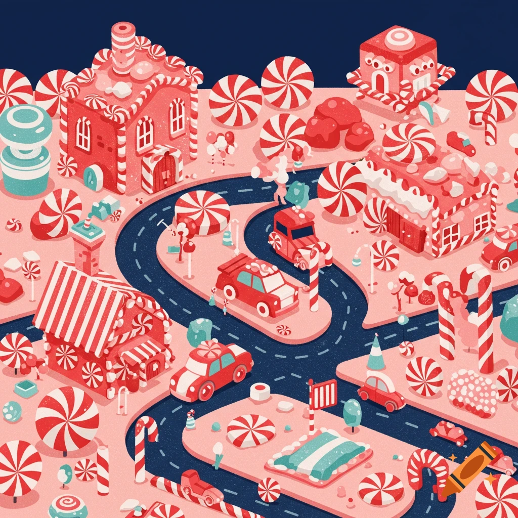 A whimsical candy land illustration with peppermint houses, roads, and cars.