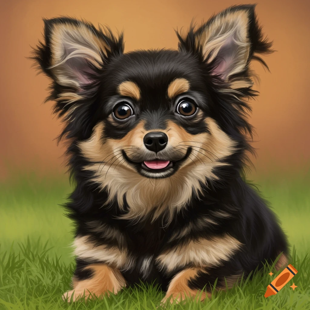 A fluffy black and tan dog with big ears sits in green grass against an orange background.