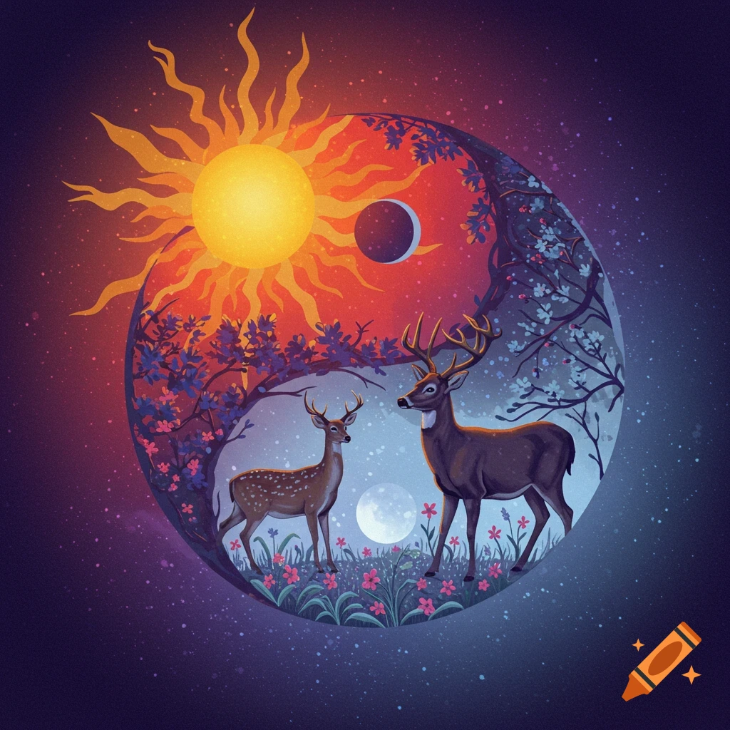 Stylized illustration of a Yin Yang symbol depicting day and night with deer, trees, sun, and moon in a meadow.