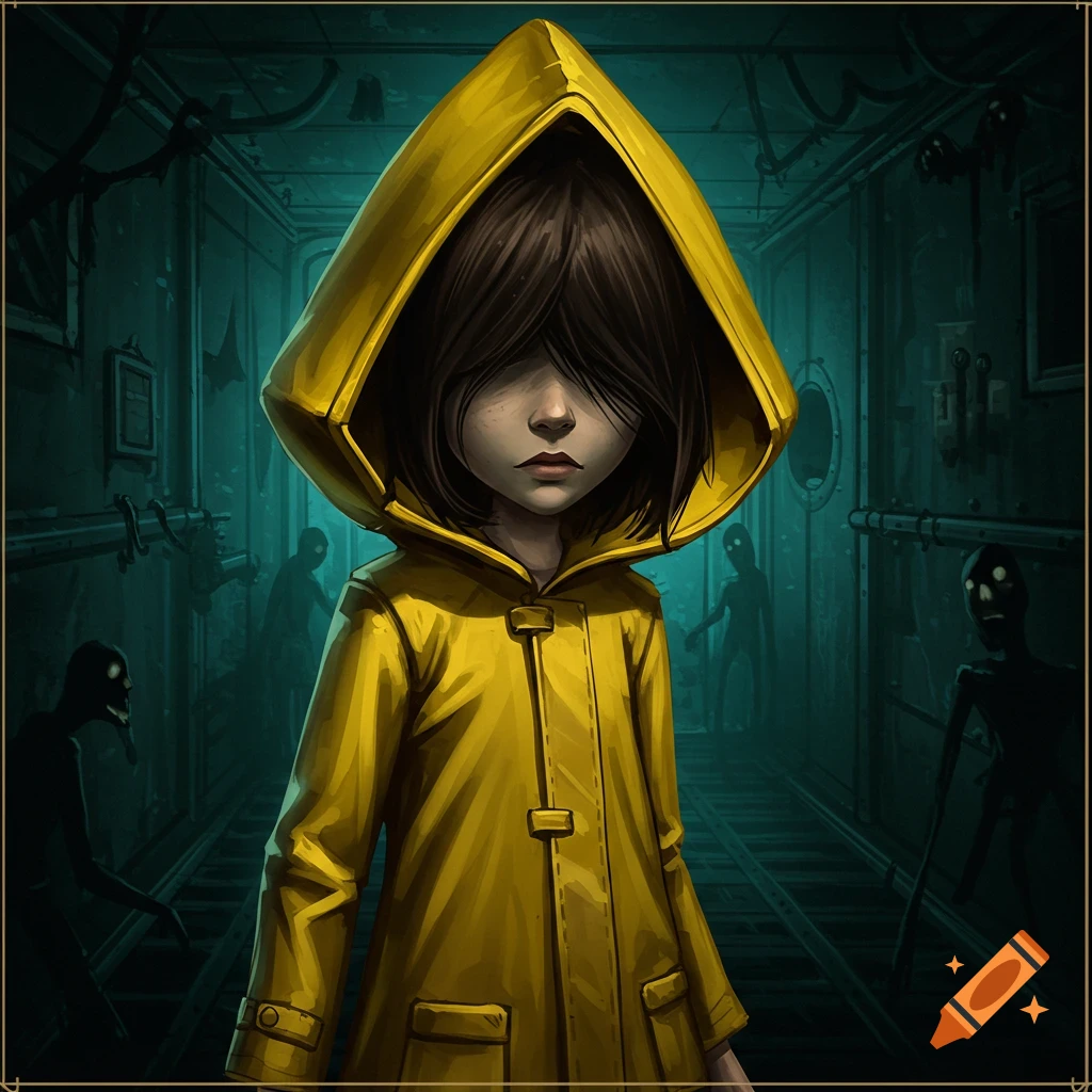 Illustration of a child in a yellow raincoat standing in a dark corridor with shadowed figures.