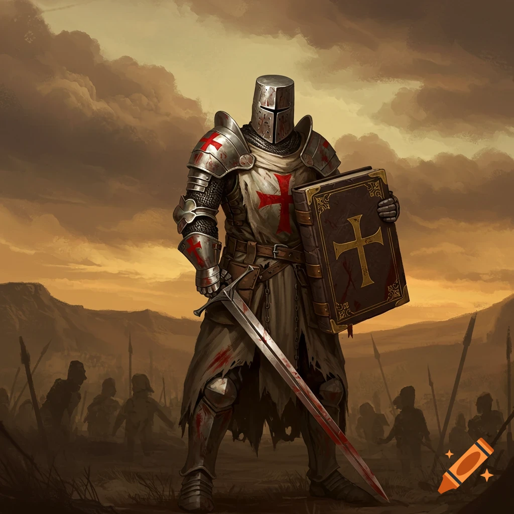 A crusader in armor stands on a battlefield holding a bloody sword and a book with a cross.