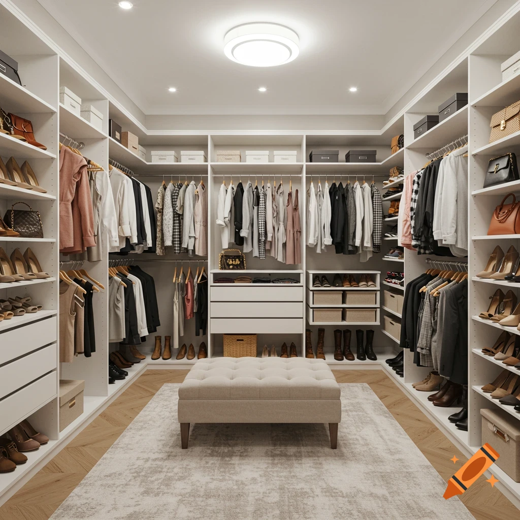 A large, bright walk-in closet with white shelving, organized clothes, shoes, handbags, and a central ottoman.