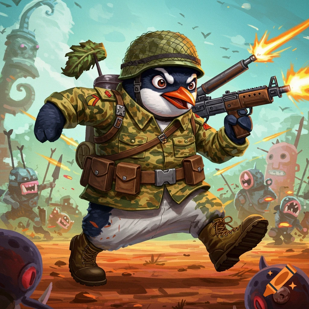 Cartoon penguin in camouflage army uniform and helmet shooting guns while fighting colorful monsters.