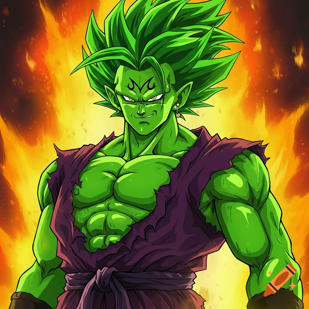 Muscular green anime character with spiky green hair and Majin symbol against fiery background.