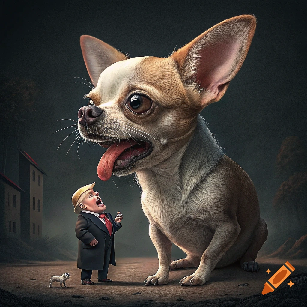 A giant chihuahua looks down at a tiny figure resembling Donald Trump, who shouts up at it. A tiny chihuahua stands nearby.