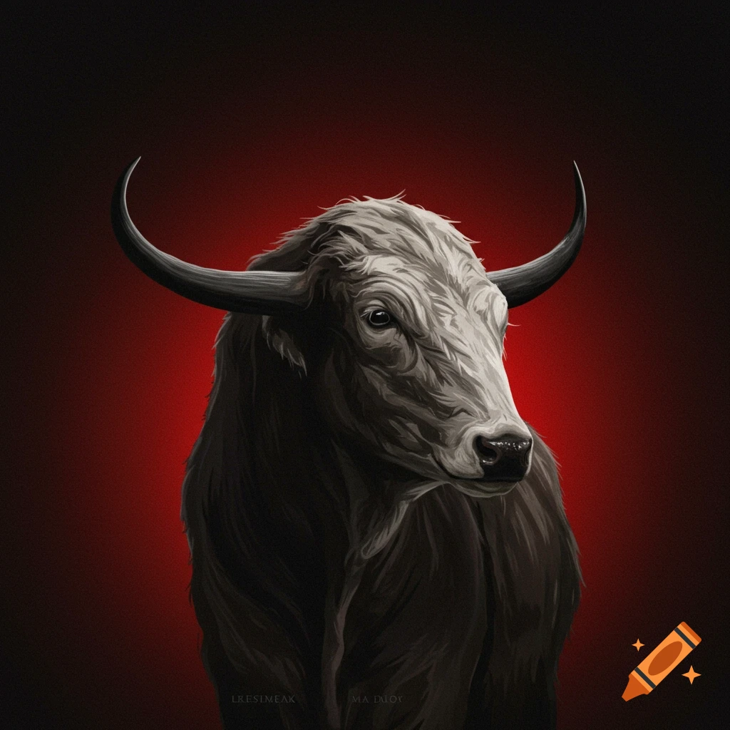Close-up illustration of a yak head with horns on a red background.