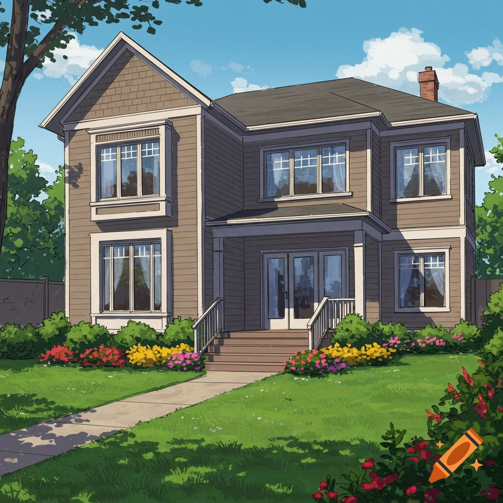 Illustrated two-story house with porch, steps, double doors, lawn, and colorful garden flowers under a blue sky.
