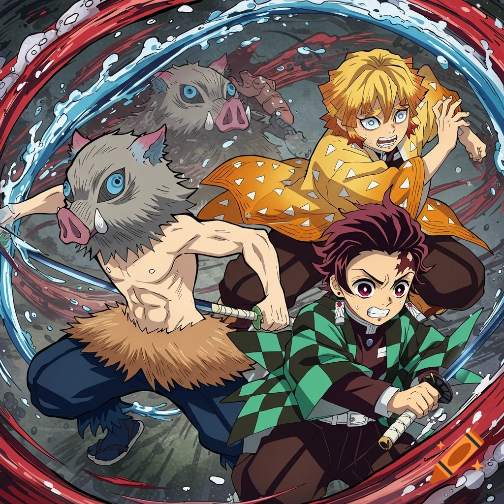 Dynamic illustration of three anime characters in action poses, surrounded by swirling water and red energy.
