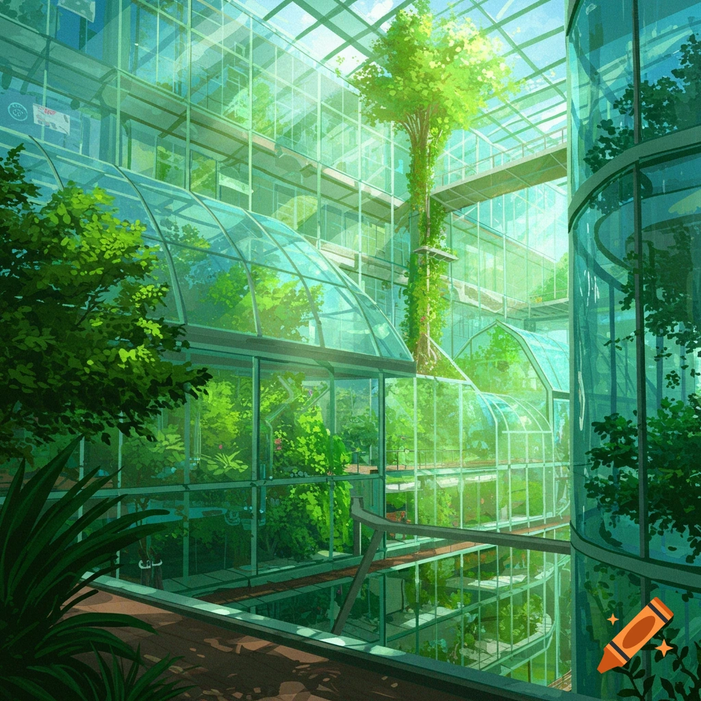 Large glass greenhouse with tall trees, walkways, and lush green plants in a vibrant, illustrative style