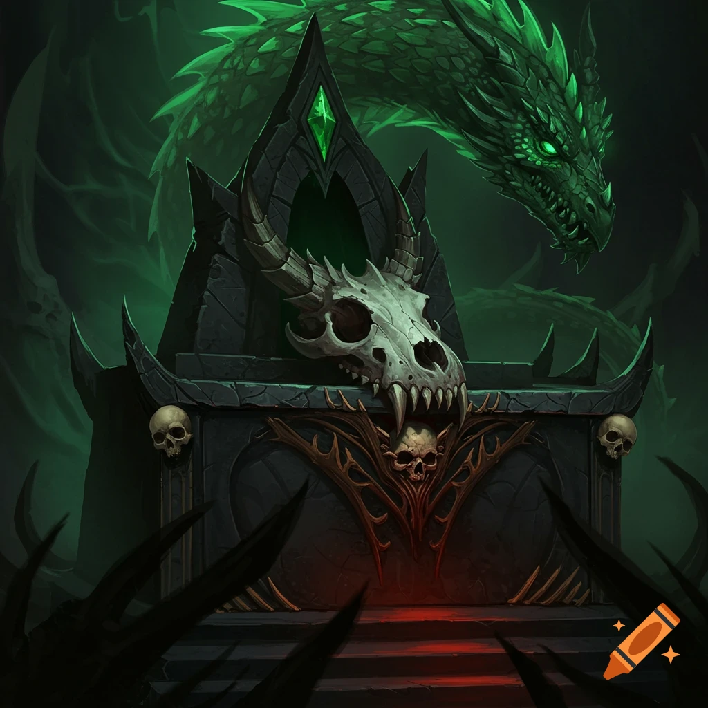 A green dragon behind a dark fantasy altar adorned with skulls.