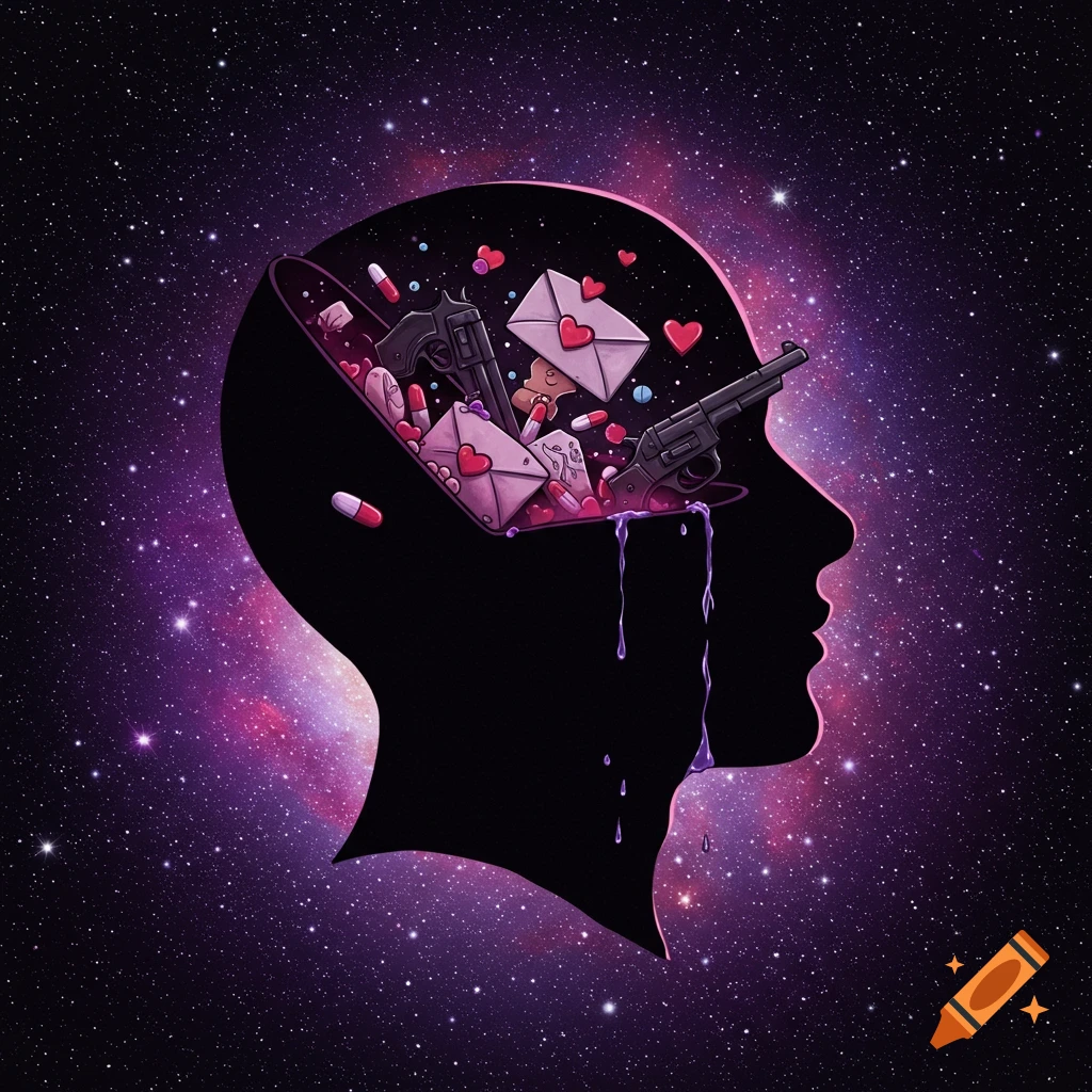 Album cover art of a black silhouette of a head crying purple tears against a galaxy background, filled with guns, love letters, and pills.