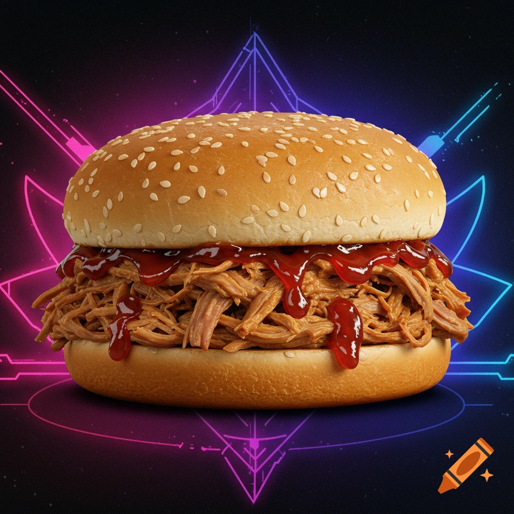 A pulled pork sandwich against a neon science fiction background.