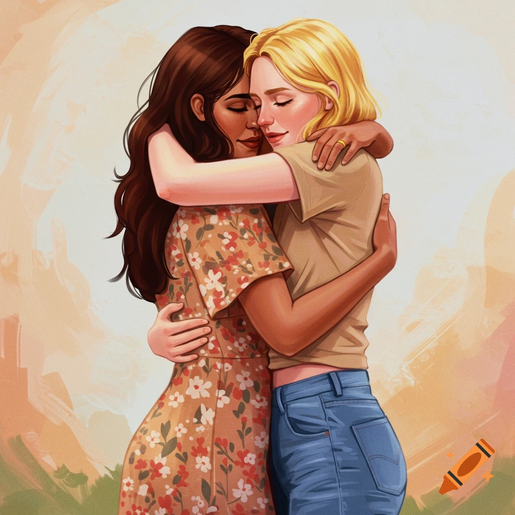 Illustration of two women hugging.