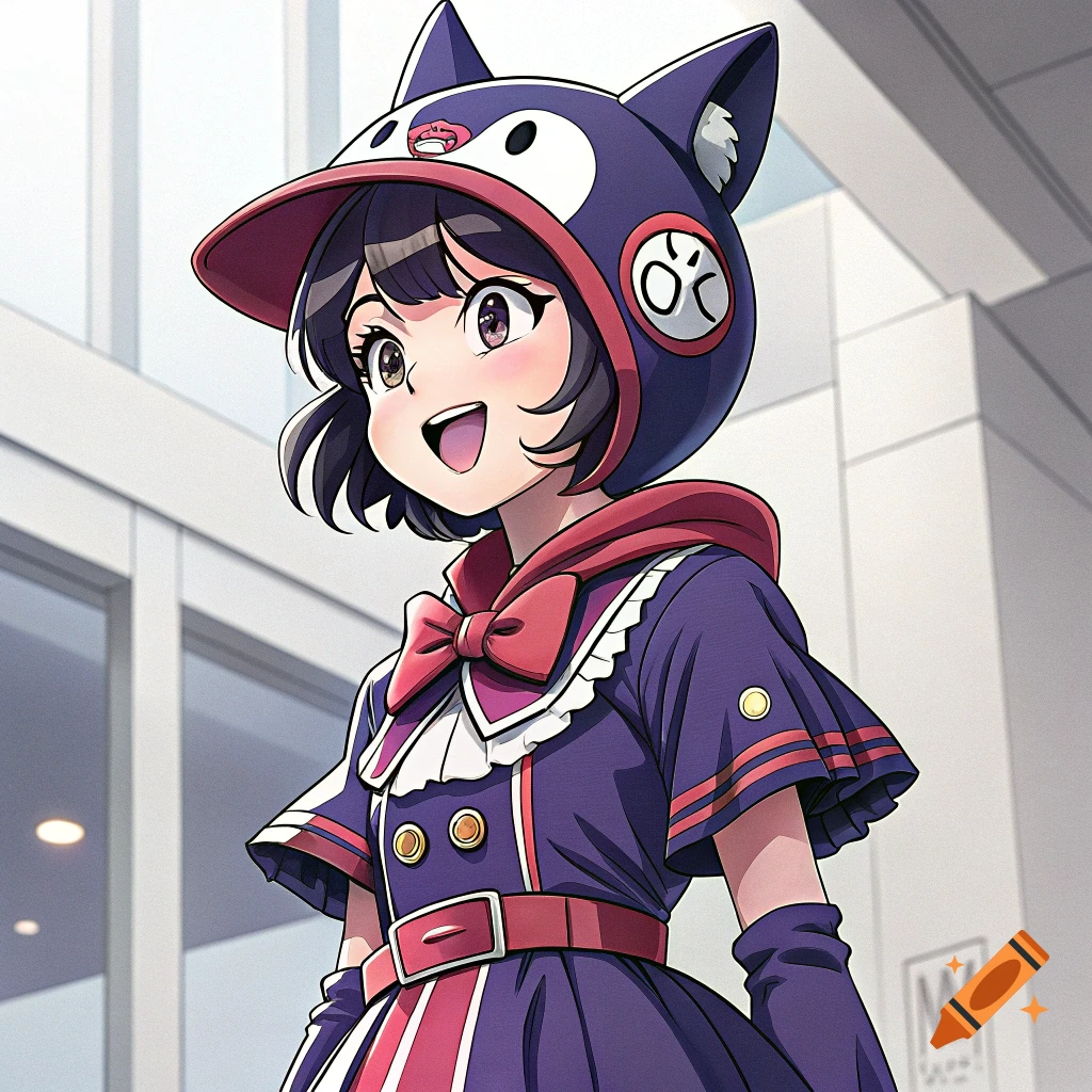 Anime girl wearing a purple outfit and a cat-eared hat, smiling.