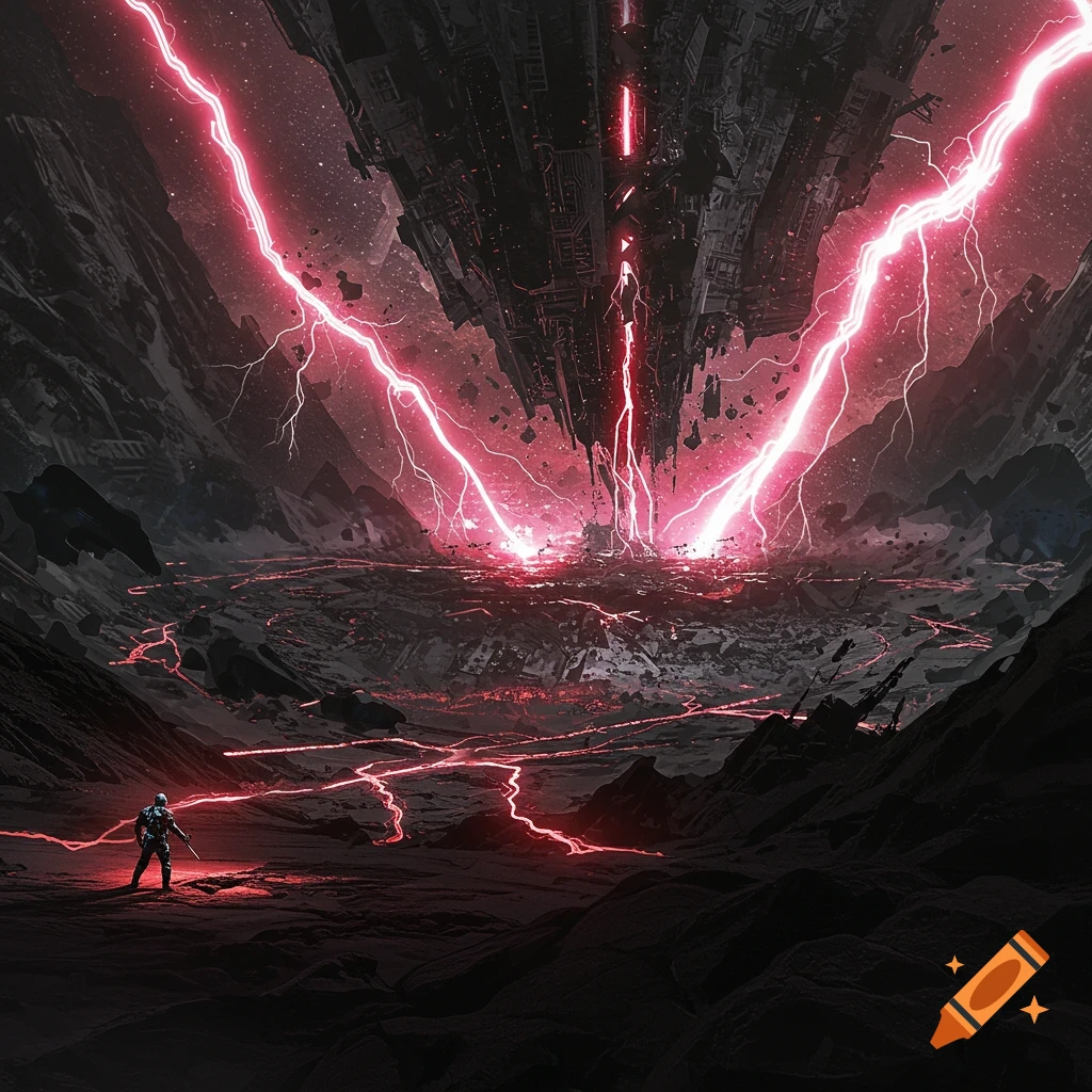 A figure stands in a dark, rocky landscape under a massive structure struck by red lightning.