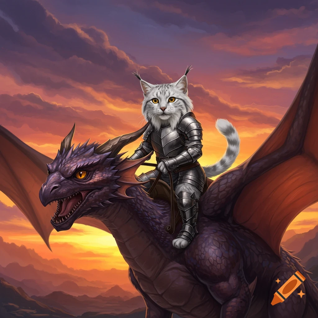 Armored highland lynx cat riding a wyvern at sunset on Craiyon
