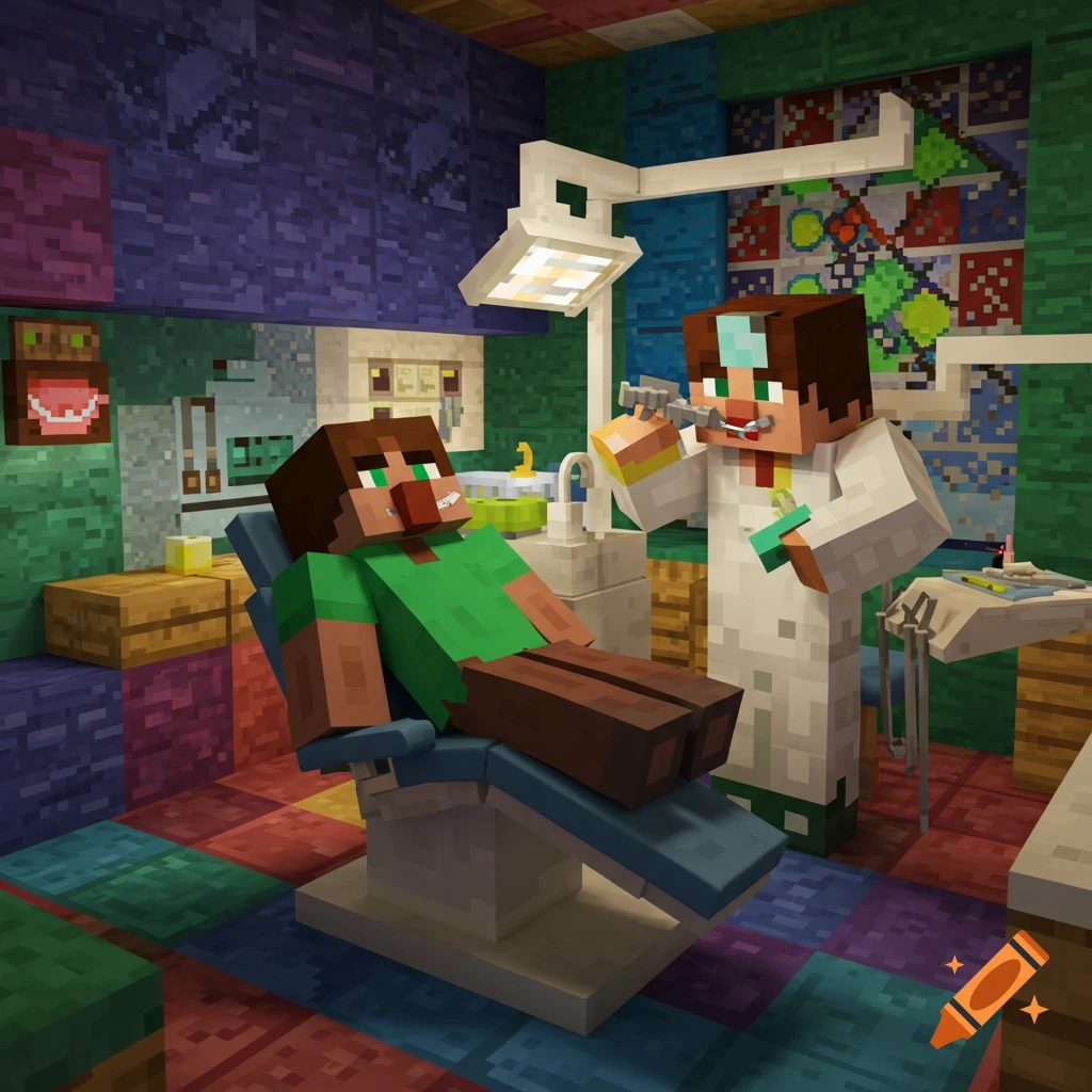 Minecraft-style image of a dentist character examining a patient in a dental chair in a colorful room.