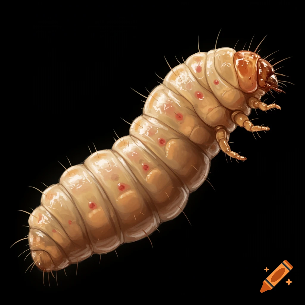 Close-up illustration of a maggot on a black background.