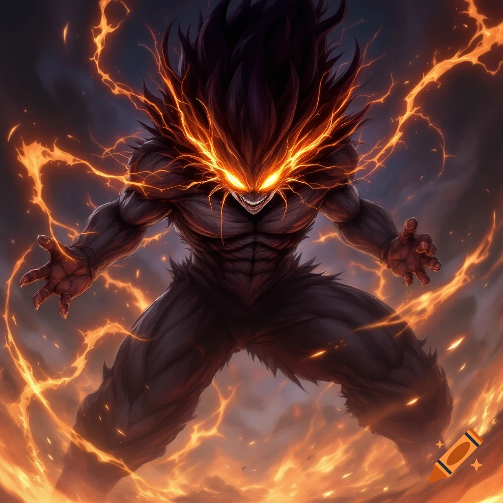 Muscular dark creature with glowing orange eyes and spiky hair, surrounded by fire and lightning in an illustration.