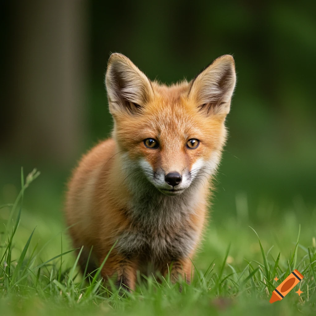 A cute red fox kit sits in green grass, looking forward.