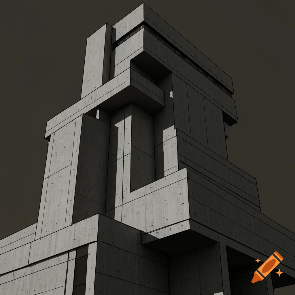 A low-angle view of a severe brutalist concrete building against a dark sky.