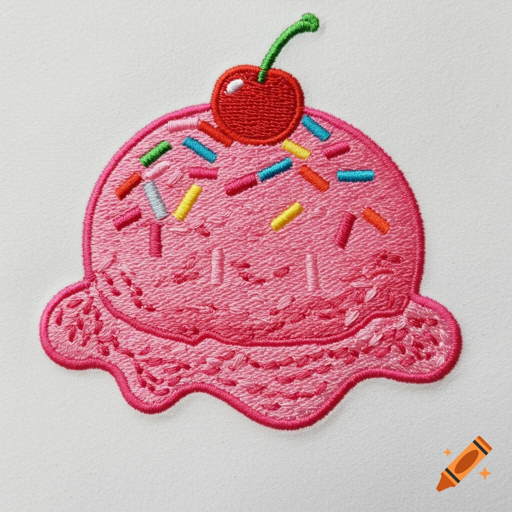 An embroidered patch of a pink ice cream scoop with colorful sprinkles and a red cherry on top.