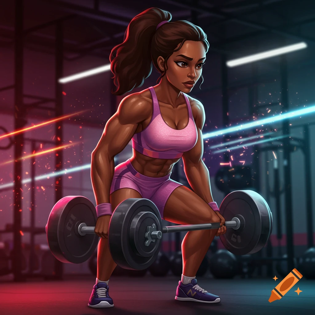 Animated style image of a muscular woman lifting a barbell in a gym.