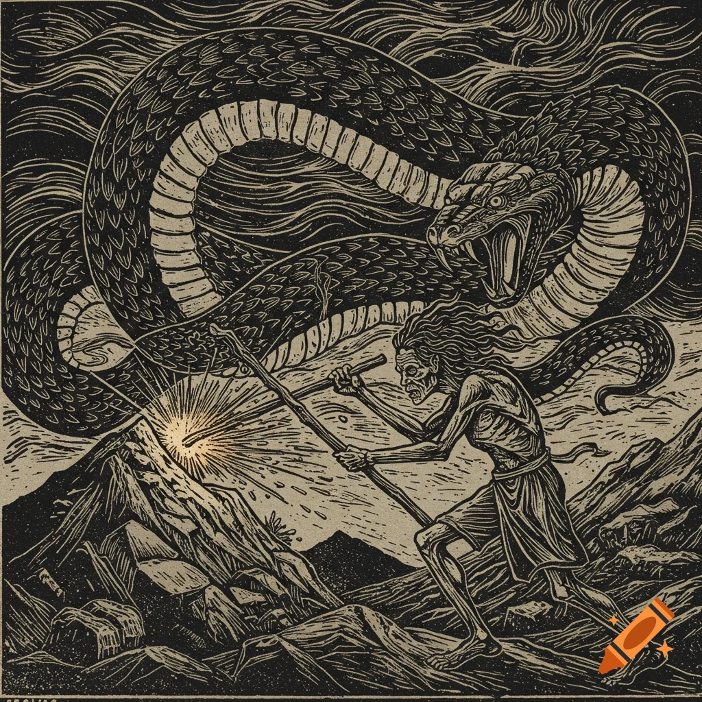 Skeletal figure battles giant serpent in a block print style.