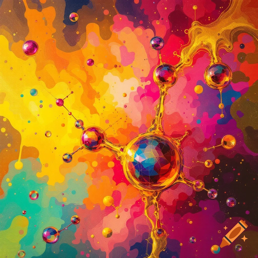 Abstract art with colorful spheres and golden, interconnected structures against a vibrant, splashy background.