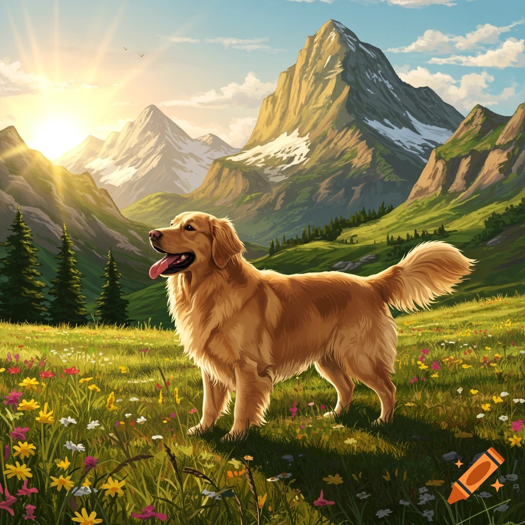 Golden retriever standing in a mountain meadow at sunrise, illustration style