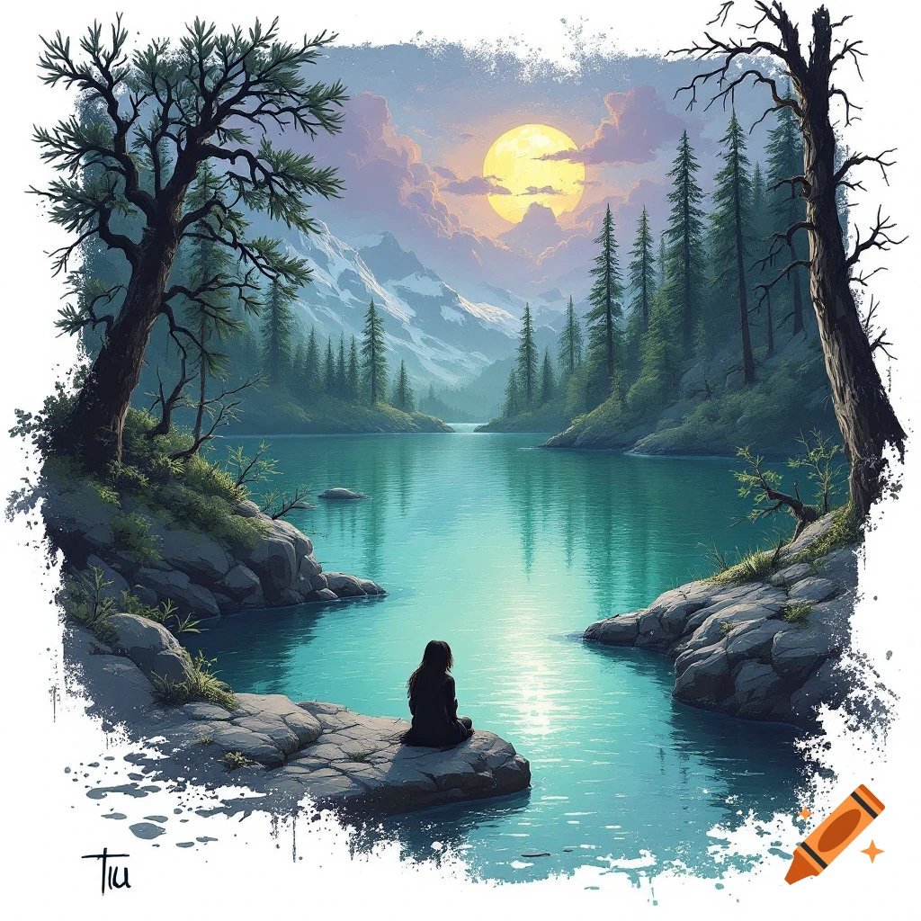 A person sits by a calm lake reflecting a setting sun or moon, surrounded by mountains and trees, in a detailed landscape art style.