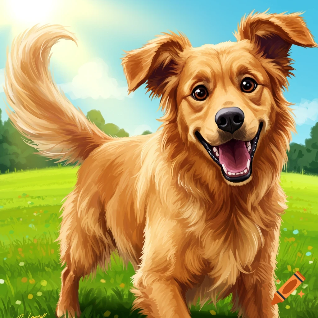 Illustration of a happy golden retriever dog in a grassy field.