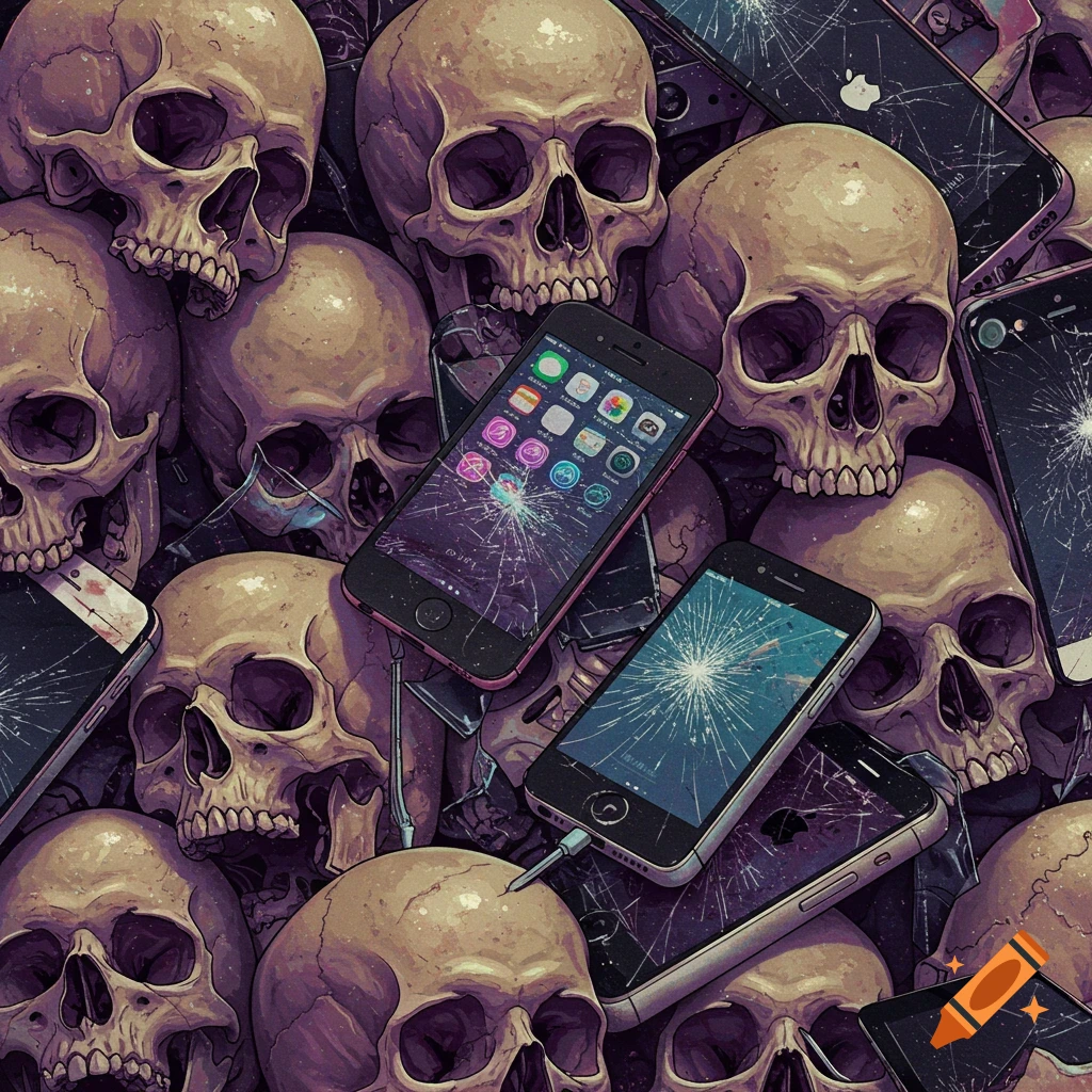 Stylized illustration of a pile of human skulls and broken iPhones