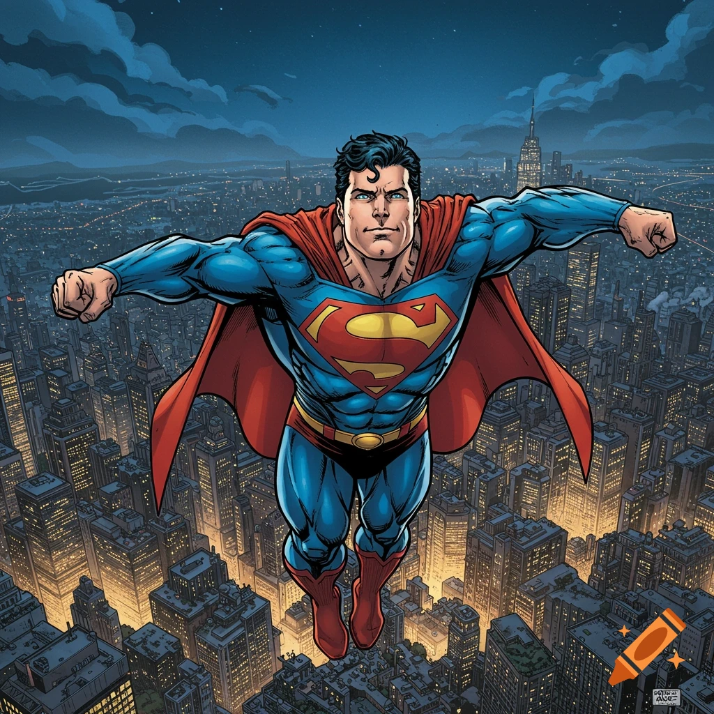 Superman flying over a nighttime city in comic book style.