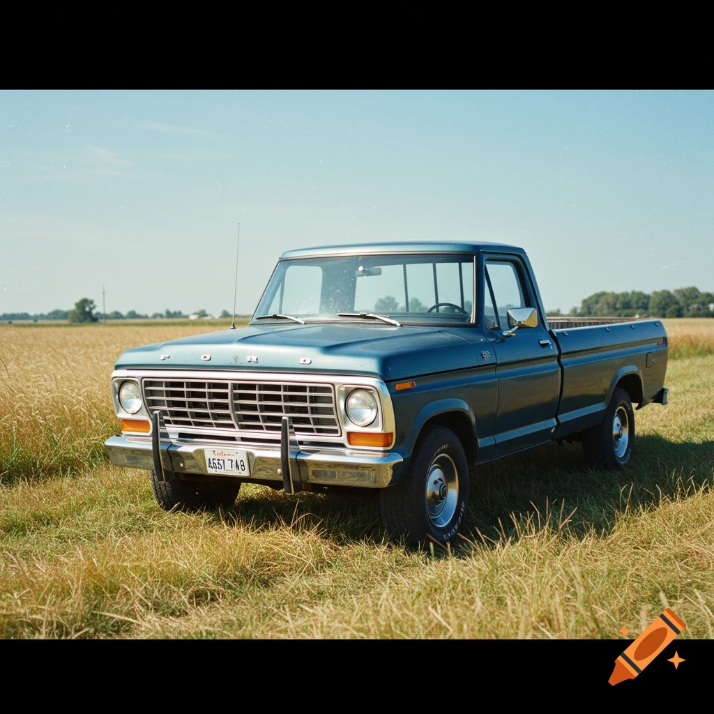 A blue Ford F-150 pickup truck parked in a grassy field.
