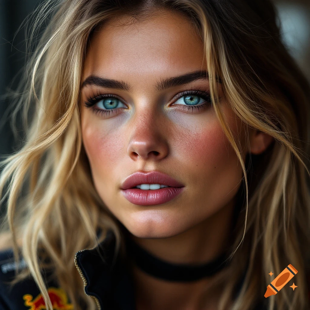 Close-up photorealistic portrait of a woman with blonde hair and blue eyes