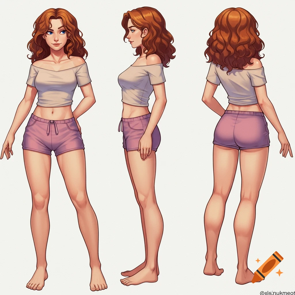 Stylized character reference sheet of a woman in a crop top and shorts, shown from front, side, and back.