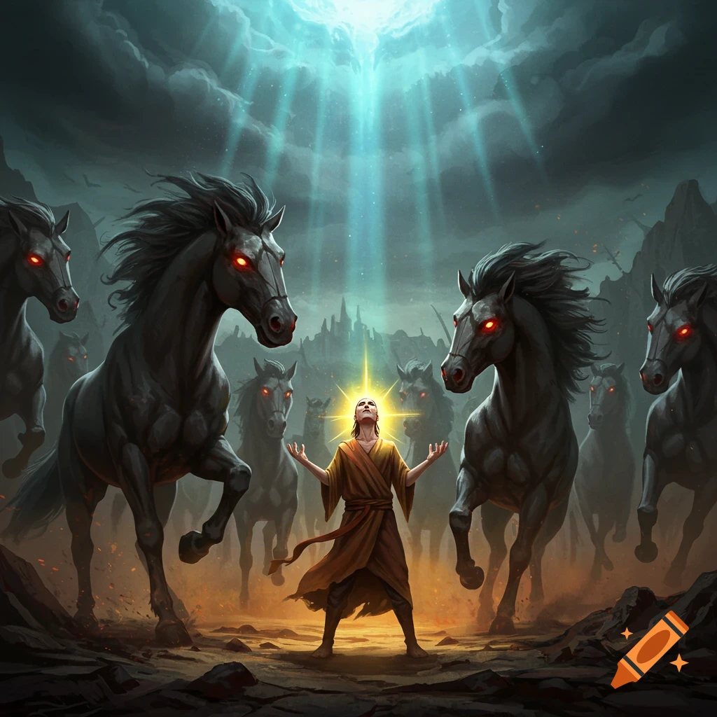 Fantasy illustration of a person praying against dark horses with glowing eyes under stormy skies.