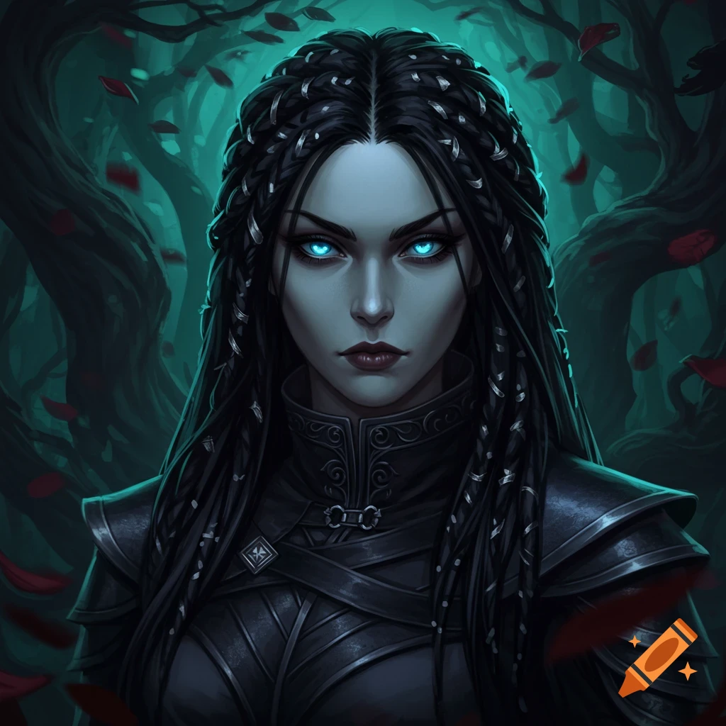 A dark fantasy portrait of a woman with bright blue eyes and intricate black braids, wearing dark armor in a forest.