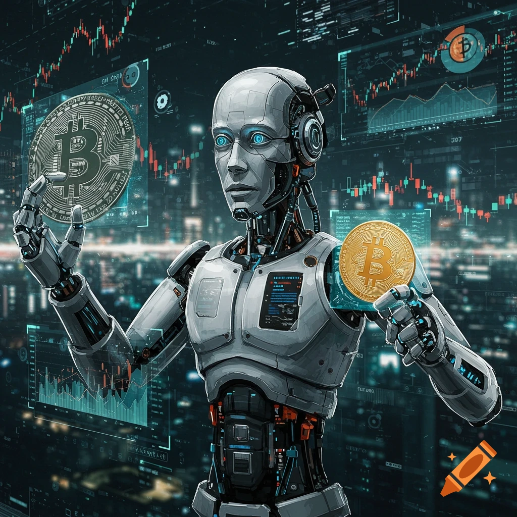 A robot holds bitcoin coins in a futuristic setting with financial charts.