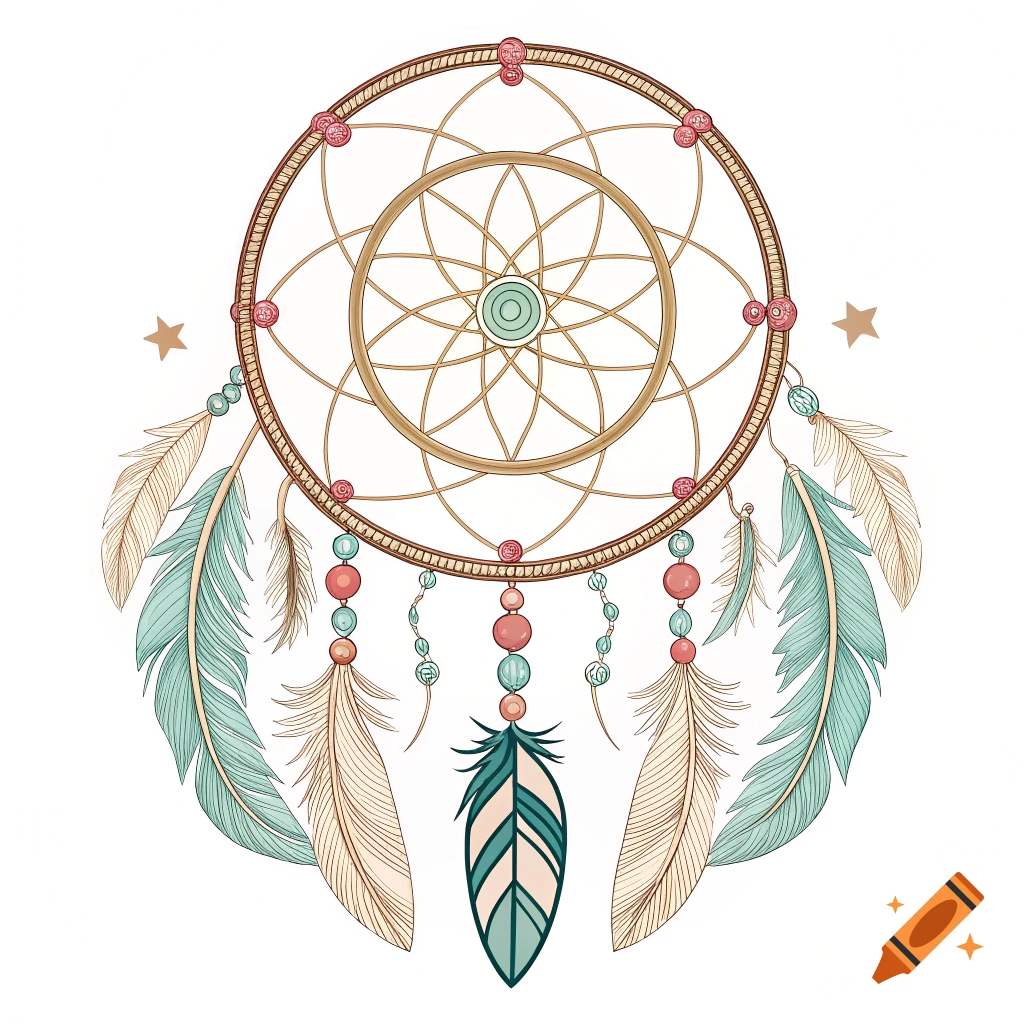 Illustration of a dreamcatcher with feathers and beads
