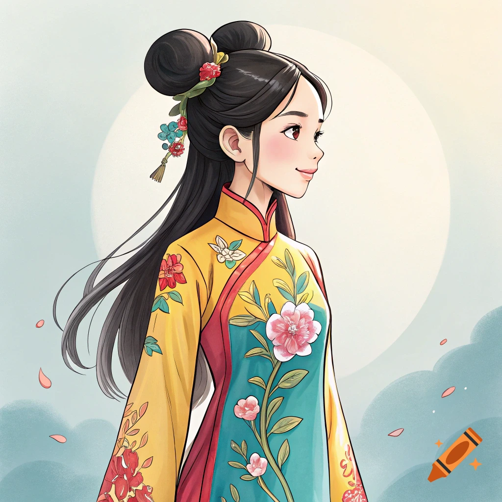 A young woman in a yellow and teal áo dài with floral patterns, styled as an anime portrait.