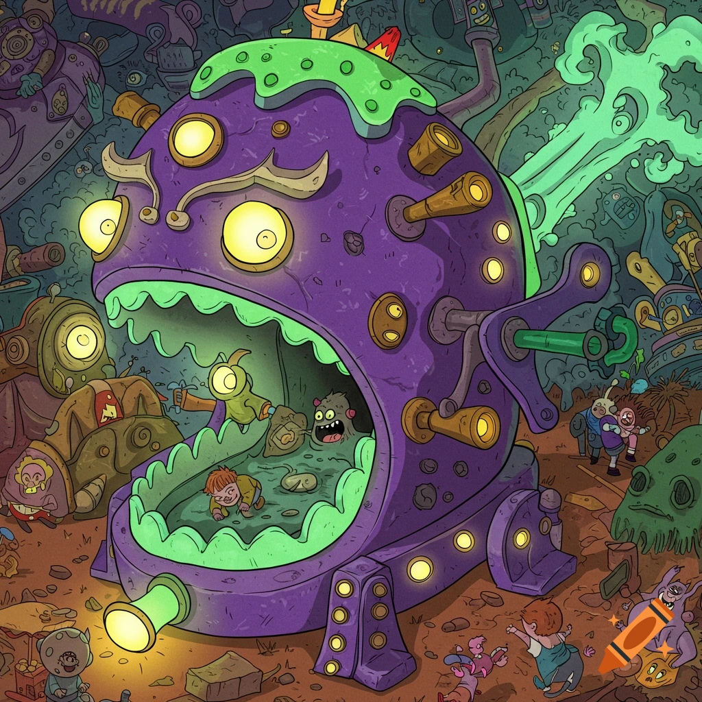 Cartoon illustration of a large purple monster machine with a gaping mouth surrounded by small creatures in a cluttered environment.