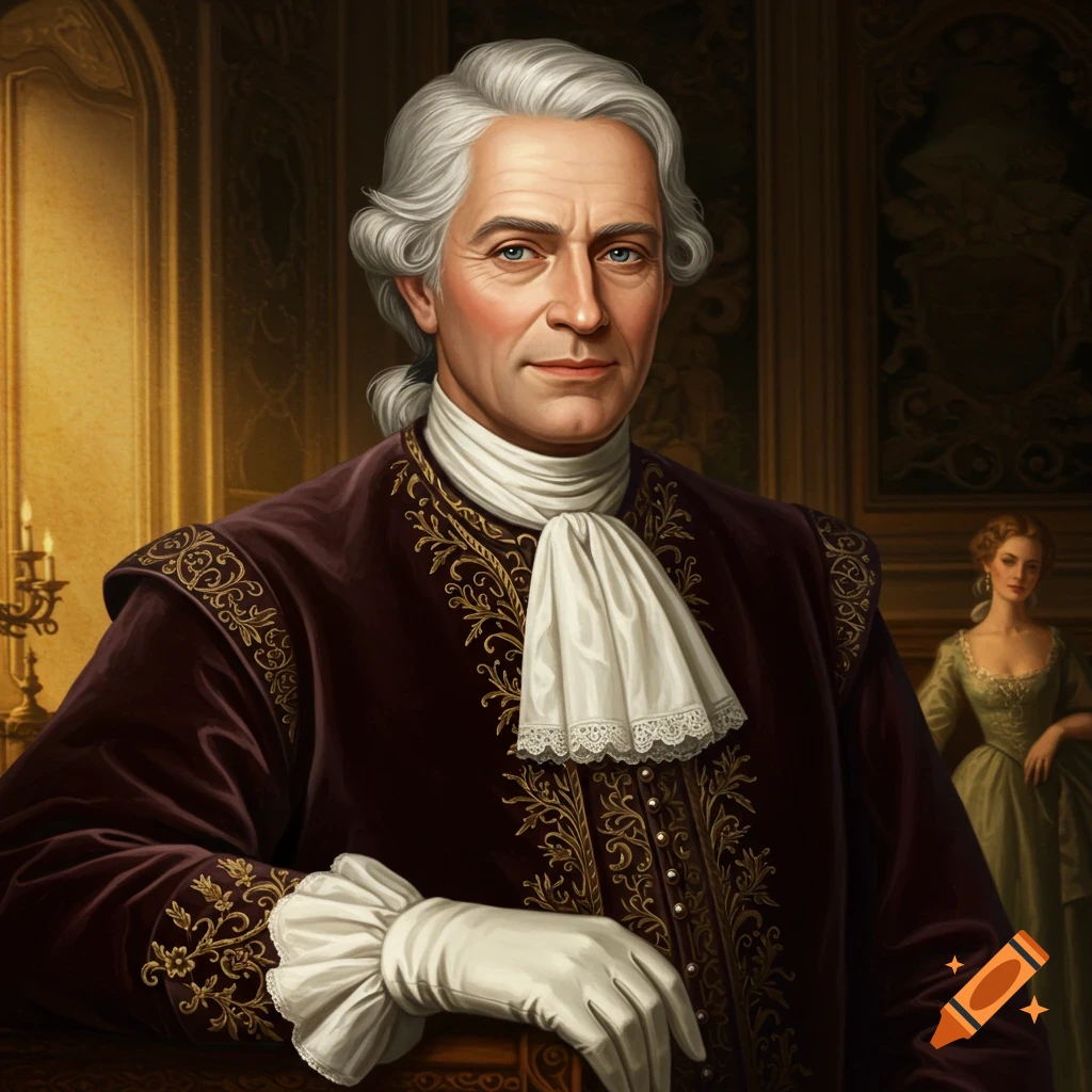 A detailed portrait painting of an older man in 18th-century nobleman attire.