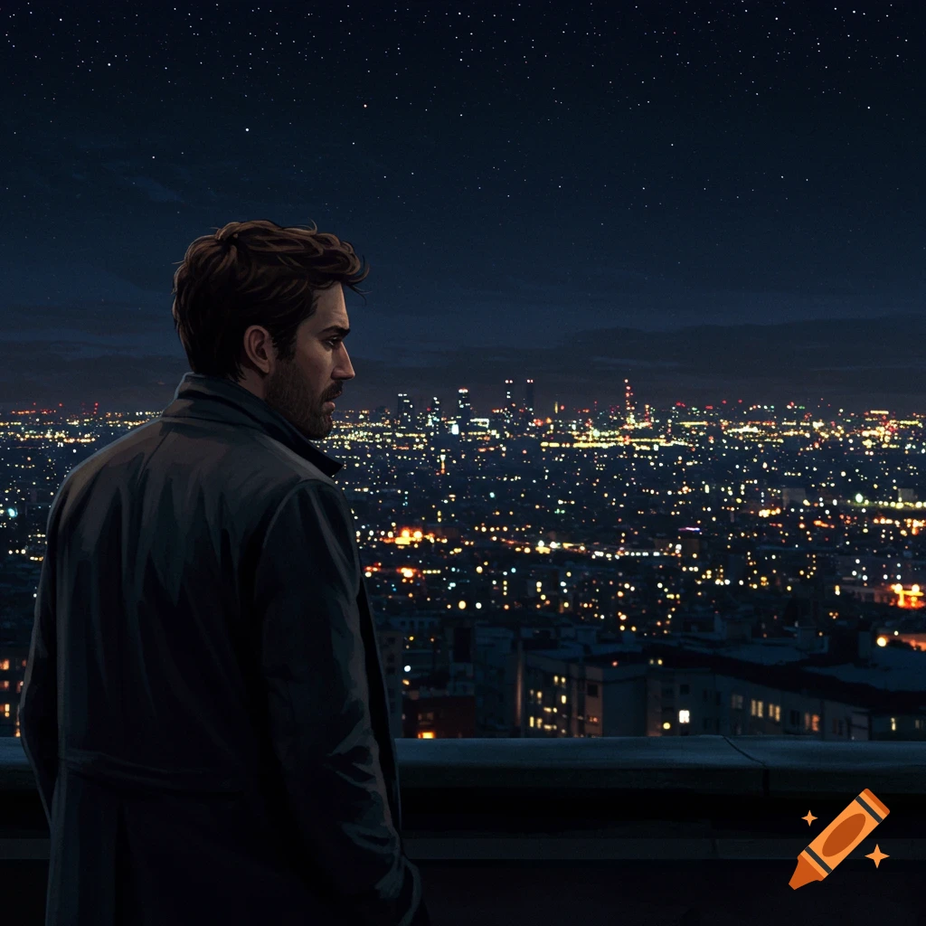 A man in a coat stands on a rooftop, looking out over a city skyline illuminated at night.